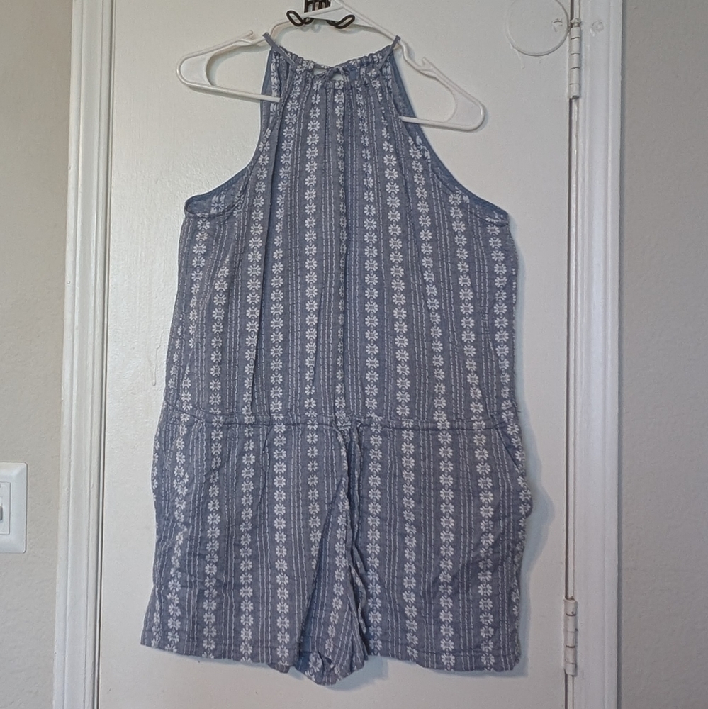 Madewell Blue and White Textured Halter Romper